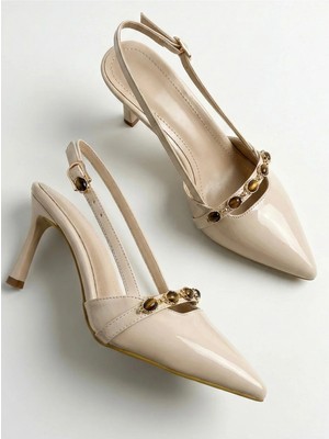 Giamgia Shoe Kadın Taşlı Bantlı Arkası Açık Kadeh Topuklu Sivri Burun Abiye Stiletto Ayakkabı