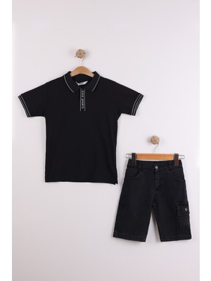 Joy Kids Erkek Çocuk Polo Yaka %100 Cotton Kargo Cepli Şort Takım (7-10YAŞ) (Siyah)