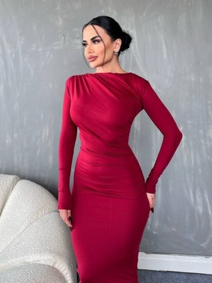 Moda Morfo Yanı Büzgülü Uzun Skuba Elbise -Bordo