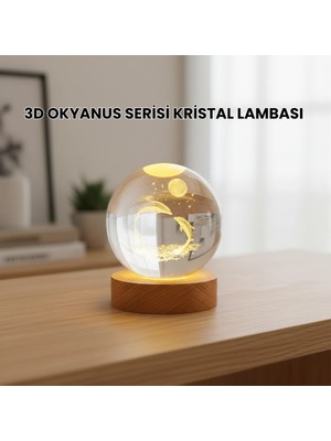 TeknoKapsül 3D Yunus Desenli Kristal Küre Ahşap Tabanlı Işıklı Dekor Objesi