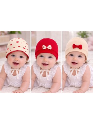 Kırmızı & Ekru Tonlarda Kız Bebek Bere Seti (3 Parça)