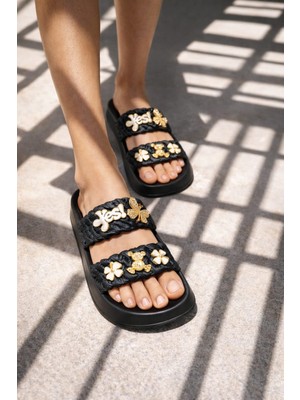 Slipcat Kadın Trend Tasarım Çiçek Detaylı Örgü Bantlı Konfor Terlik