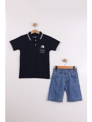 Joy Kids Erkek Çocuk %100 Pamuk Kot Şortlu Polo Yaka Takım (7-10YAŞ) (Lacivert)