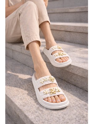Slipcat Kadın Trend Tasarım Çiçek Detaylı Örgü Bantlı Konfor Terlik