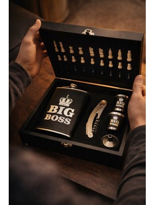 Ahşap Kutuda Big Boss Çelik Matara - Çakı - Satranç Takımı - Deri Kaplamalı Matara Seti - Lüx Hediye