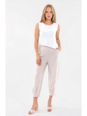 Vitrin Beli Lastikli Pileli Havuç Pantolon