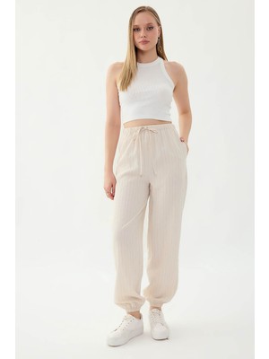 Vitrin Beli ve Paçası Lastikli Çizgi Desen Şalvar Pantolon