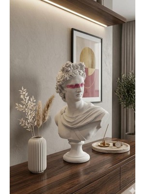 Mirsa Global Dekoratif Apollo Büst Biblo – Antik Yunan Heykel Tarzı, Biblo Beyaz Pembe Lüks Salon Konsol Süs Objesi ( Polyester)