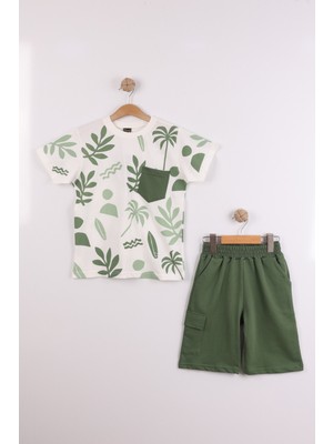 Joy Kids Erkek Çocuk %100 Pamuk Baskılı Cepli Penye Takım (7-10YAŞ) (Beyaz-Yeşil)