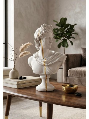 Mirsa Global Dekoratif Apollo Büst Biblo – Antik Yunan Heykel Tarzı, Biblo Beyaz Gold Lüks Salon Konsol Süs Objesi ( Polyester)
