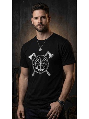 Zeda By Es Erkek Iskandinav Vegvisir Viking Baskılı Bisiklet Yaka Pamuklu Tişört
