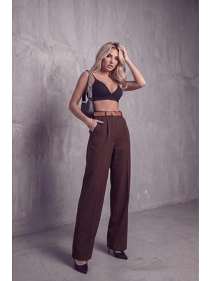 Jack Caprio Kadın Palazzo Kumaş Pantolon Ithal Doubleface Kumaş Kemerli Premium Kalite Çekme Solma Yapmaz