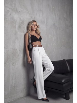 Jack Caprio Kadın Palazzo Kumaş Pantolon Ithal Doubleface Kumaş Kemerli Premium Kalite Çekme Solma Yapmaz