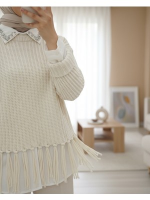 Moda Morfo Eteği Püsküllü Kalın Örgü Kısa Kazak -Taş