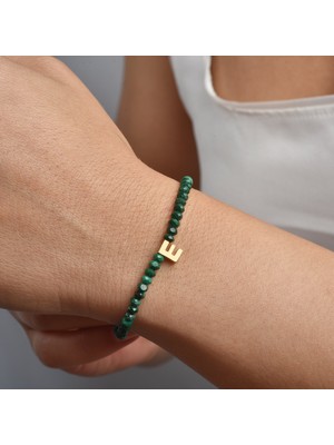 Nox Jewelry 14K Altın Kaplama Doğal Malakit Taşlı Harf Detaylı Gümüş Bileklik - BGS00116