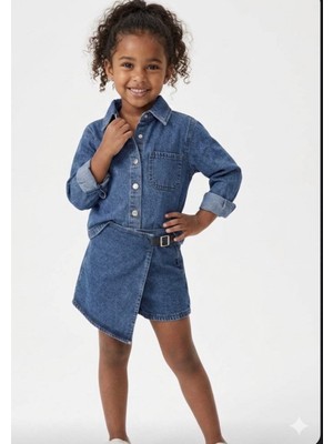 Gny Giyim Kız Çocuk Jean Takım - Cepli Denim Ceket ve Kemer Detaylı Şort Etek Takımı - Antrasit Mavi