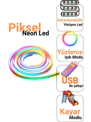 Ema Dükkan Piksel Neon LED Set Rgb Bluetooth Kumandalı USB 5V 5 Metre Dış Mekan