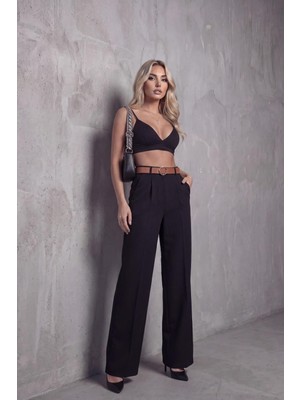 Jack Caprio Kadın Palazzo Kumaş Pantolon Ithal Doubleface Kumaş Kemerli Premium Kalite Çekme Solma Yapmaz