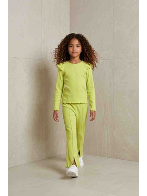 BBS Kız Çocuk Fırfırlı Fitilli Takım - Lime Yeşili Ispanyol Paça Alt Üst Set