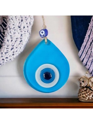 Nemere Orta Boy Şeffaf Turkuaz Damla Desen Nazar Boncuklu Duvar Dekoru Cam Duvar Süsü