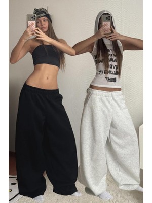 Vladivosto Paçası Ipli Oversize Rahat Bol Paça Esnek Göbek Hizasında Baggy Büyük Beden Eşofman Altı