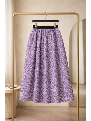 BBS Kız Çocuk Lila Çiçek Desenli Beli Lastikli Astarsız Etek