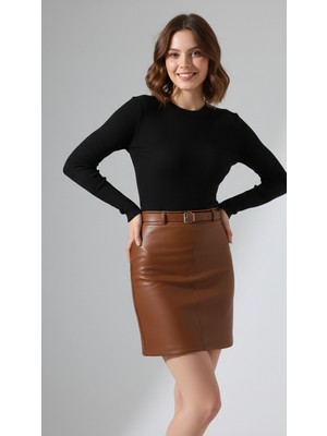 Maimoda Suni Deri Kemerli Mini Kalem Etek