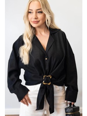 Muna Boutique Asali Siyah Çıkarılabilir Gold Toka Detaylı Bağlamalı Gömlek