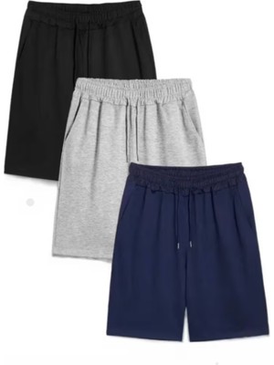 Punix Punıx Büyük Beden Pamuk Dokuma Rahat Kalıp Yazlık Battal Erkek 3'lü Siyah Gri Lacivert Şort