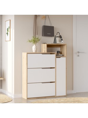 Food Düşer Kapak Ayakkabılık Kayar Raflı 4 Kapaklı 7 Bölmeli Düzenleyici Sepet-Beyaz Fod3-Sw