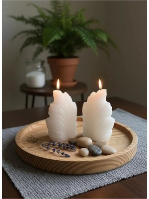 Varkal 2’li Beyaz Yaprak Desen Mum Seti – Dekoratif El Yapımı