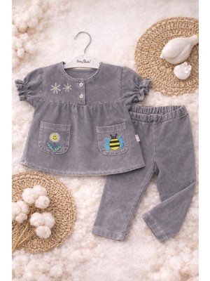 Aslin Store Arı ve Çiçek Işlemeli Cep Detaylı Denim Yumuşak Kot Kız Bebek Alt Üst Takım