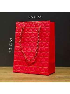 Venüs Shopping Kırmızı Geometrik Desenli Büyük Boy Karton Hediye Çantası