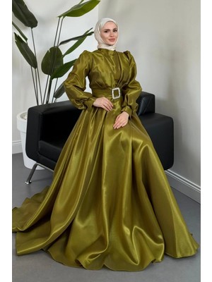 Merven Akyüz Kleopatra Tafta  Abiye  Yağ Yeşili