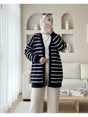 Moda Morfo Çizgili Düğmeli V Yaka Triko Hırka  -Laci