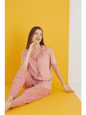 7053-34 Bamboo Pudra Siyah Yıldız Düğmeli Kısa Kol Pijama Takım