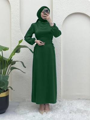 Moda Morfo Yanları Bağlamalı Kolu Lastikli Saten Elbise -Zümrüt