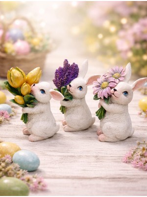Gardenya Çiçekli Sevimli Tavşanlar Dekoratif Obje Biblo Takımı