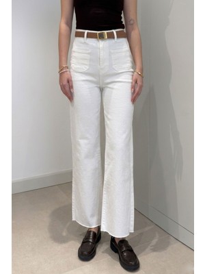 Magarde Önü Arkası Cepli Bol Paça Jean- Beyaz