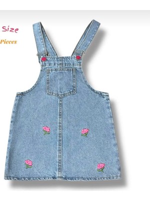 Gny Giyim Kız Çocuk Kot Jile Takım Çiçek Nakış Detaylı Ayarlanabilir Askılı