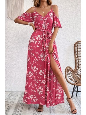 Cotton Lab Cottonlab Kadın Ip Askılı Kısa Kollu Kruvaze Yakalı Yırtmaçlı Desenli Süprem Elbise