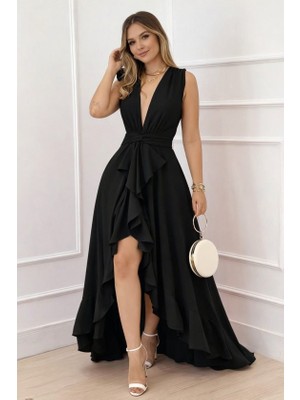 Cotton Lab Cottonlab Kadın Askılı Kruvaze Yakalı Önü Volanlı Uzun Krep Elbise