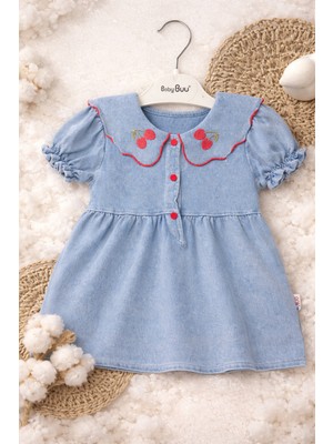 Aslin Store Kiraz Işlemeli Yaka Detaylı Kız Bebek Kısa Kollu Yumuşak Kot Elbise