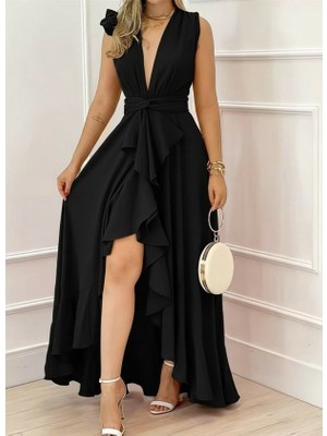 Cotton Lab Cottonlab Kadın Askılı Kruvaze Yakalı Önü Volanlı Uzun Krep Elbise