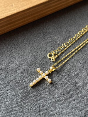 Aida Jewelss 925 Ayar Gümüş Incili Özel Tasarım Haç Gümüş Kolye 45CM