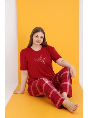 7051-6 Bamboo Battal Bordo Kısa Kol Pijama Takım