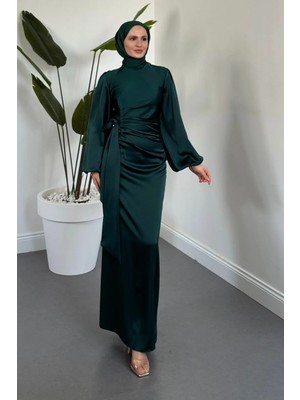 Merven Akyüz Noctira Balon Kol Saten Abiye Zümrüt