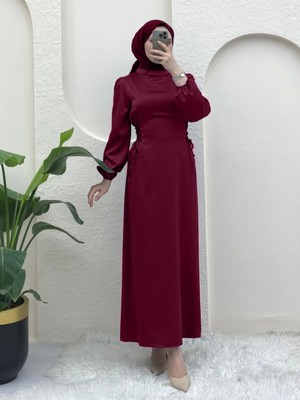 Moda Morfo Yanları Bağlamalı Kolu Lastikli Saten Elbise -Bordo