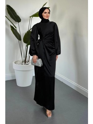 Merven Akyüz Noctira Balon Kol Saten Abiye Siyah