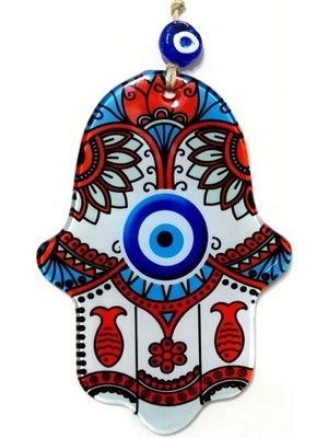 Nemere Kırmızı Balıklı Nazar Boncuklu Fatma Ana Bereket Eli Füzyon Cam Duvar Süsü